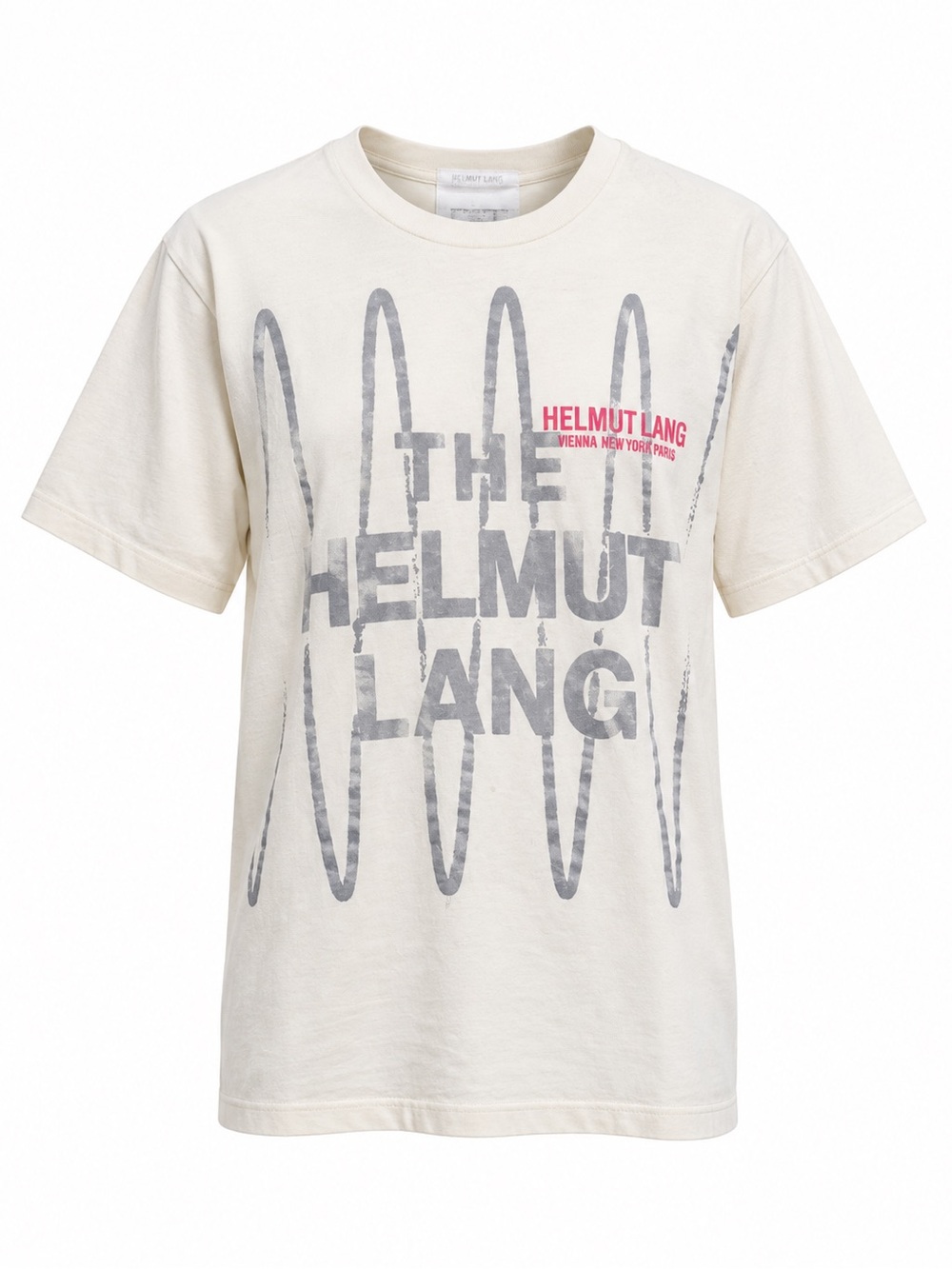 Helmut Lang Cream Graphic Short Sleeve Tee with Gray & Pink Logo *man fits small